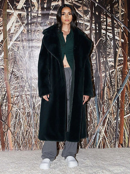 Longline Fux Fur Coat Notched Lapel Belted Eco-friendly Winter Jacket 2026