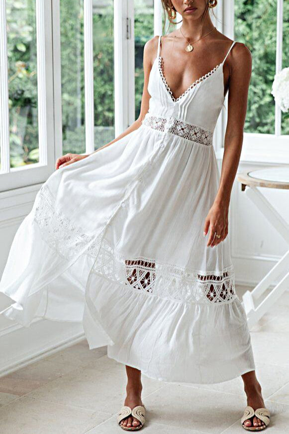 Scalloped Lace Trim Button Front Crochet Inset Tiered Maxi Dress