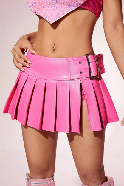 PU Leather Pleated High Waist Skirt