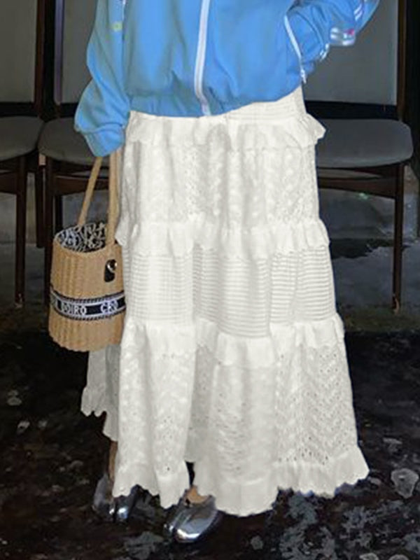 A Line Cutout Waffle Patchwork Midi Skirt
