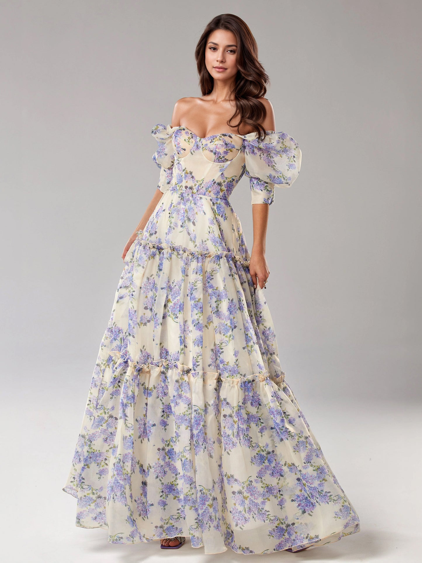 Party Dress Floral Off The Shoulder Tiered A-Line Elegant Prom Maxi Folklore Dresses