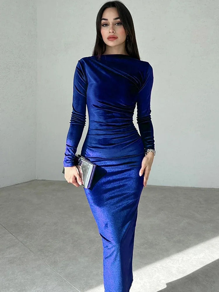 Velvet Ruched Side Drape Bateau Neck Long Sleeve Bodycon Midi Dress