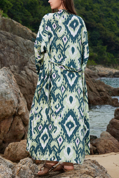 Unique Printed Loose Long-Sleeved Tie-Waist Holiday Extra-Long Cover-Up Robe