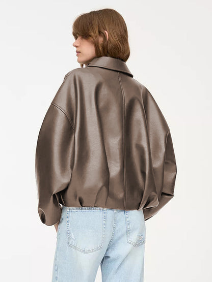 Oversized Faux Leather Bomber Jacket With Belt For Autumn 2026