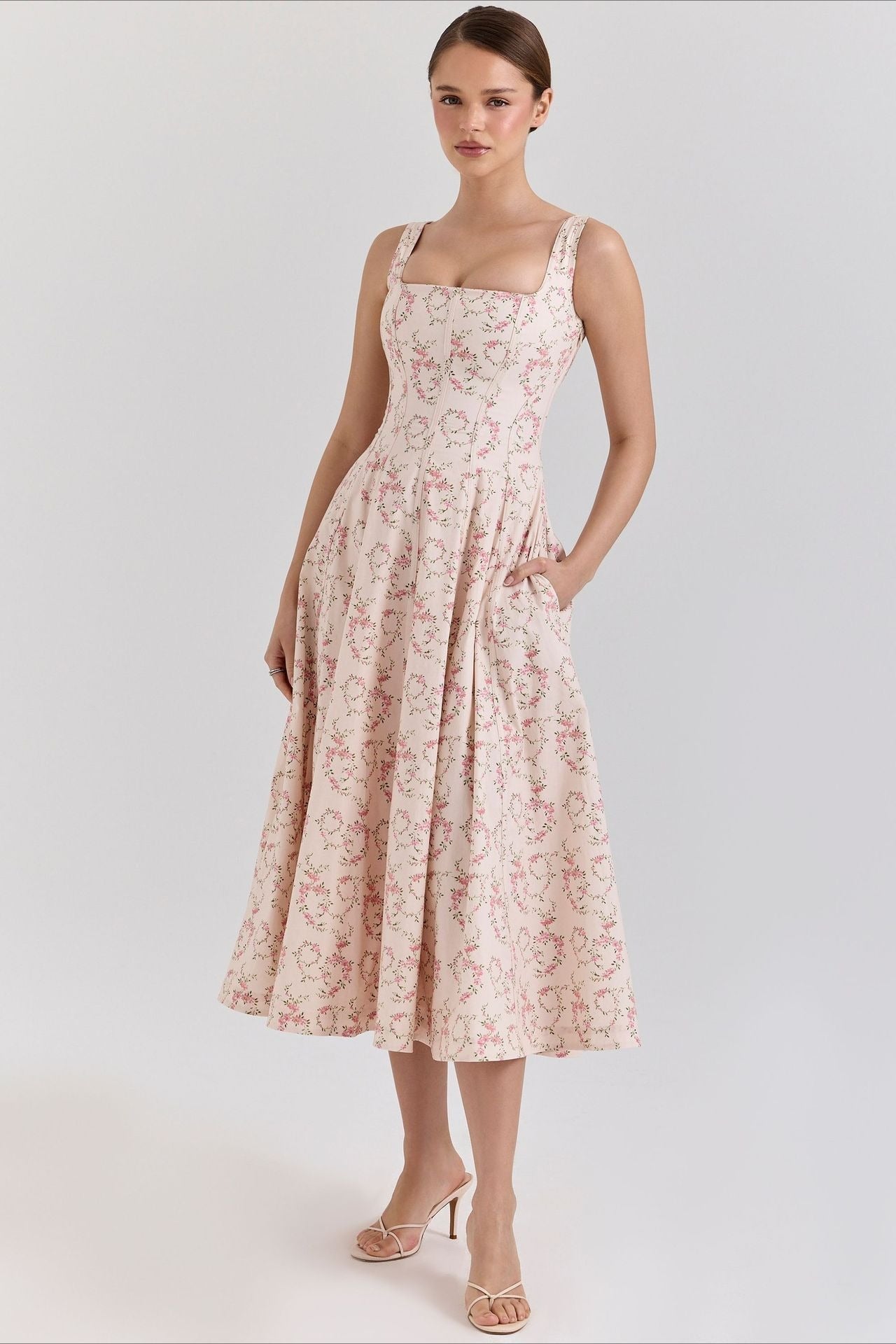Square Neck Corset Bodice Floral Print Pocket Midi Dress