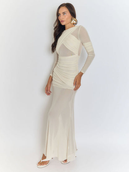 Mesh Crossover Ruched Wrap Bodice Long Sleeve Floor Length Maxi Dress