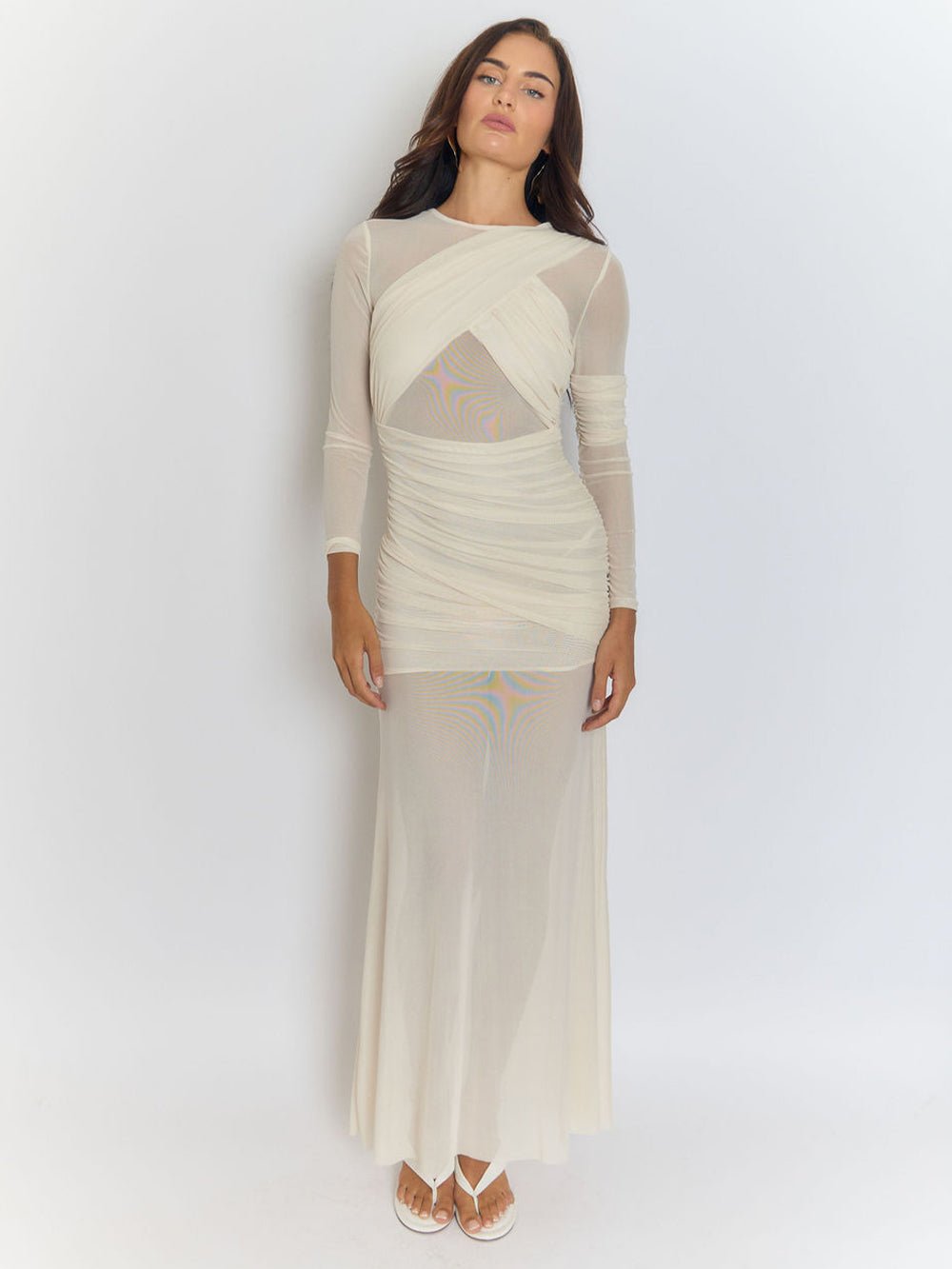 Mesh Crossover Ruched Wrap Bodice Long Sleeve Floor Length Maxi Dress