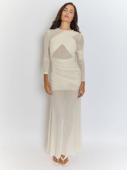 Mesh Crossover Ruched Wrap Bodice Long Sleeve Floor Length Maxi Dress