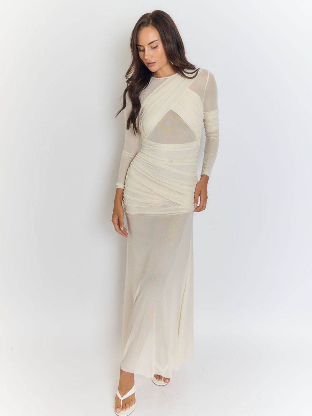 Mesh Crossover Ruched Wrap Bodice Long Sleeve Floor Length Maxi Dress