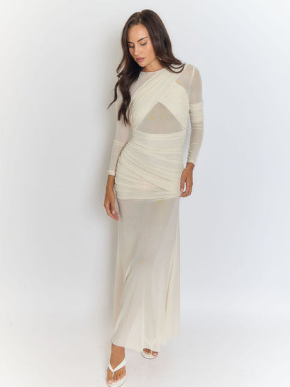 Mesh Crossover Ruched Wrap Bodice Long Sleeve Floor Length Maxi Dress