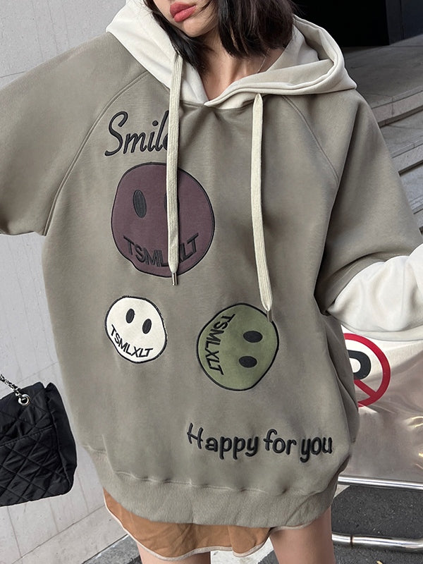 Smiling Print Splice Drawstring Oversized Hoodie