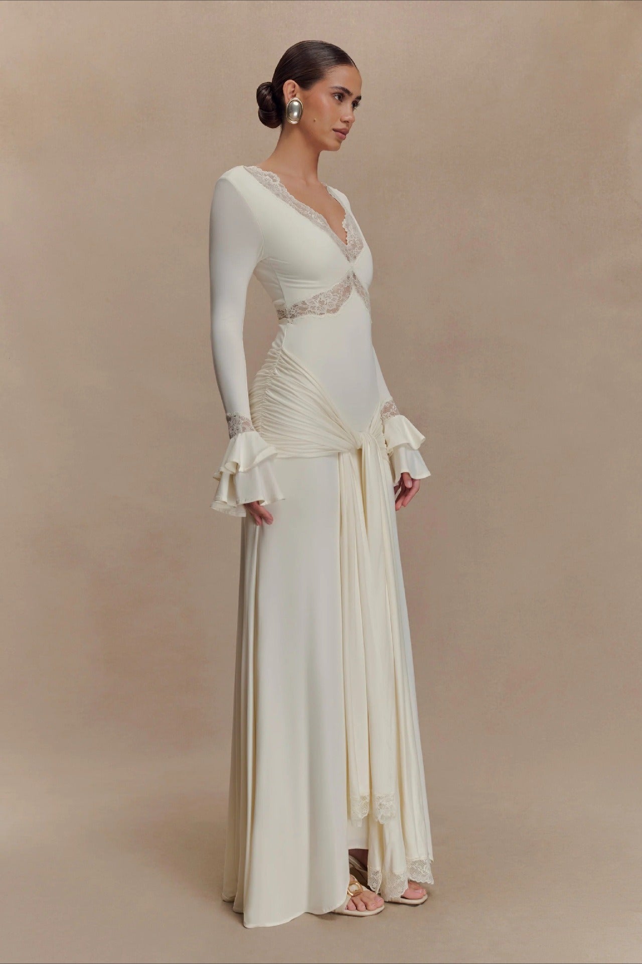| Lace Bodycon Flare Sleeve Maxi Dress