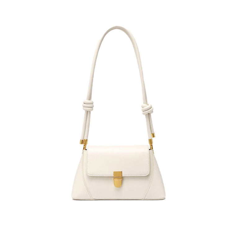 Gold Tone Buckled Flap Leather Baguette Bag - Beige