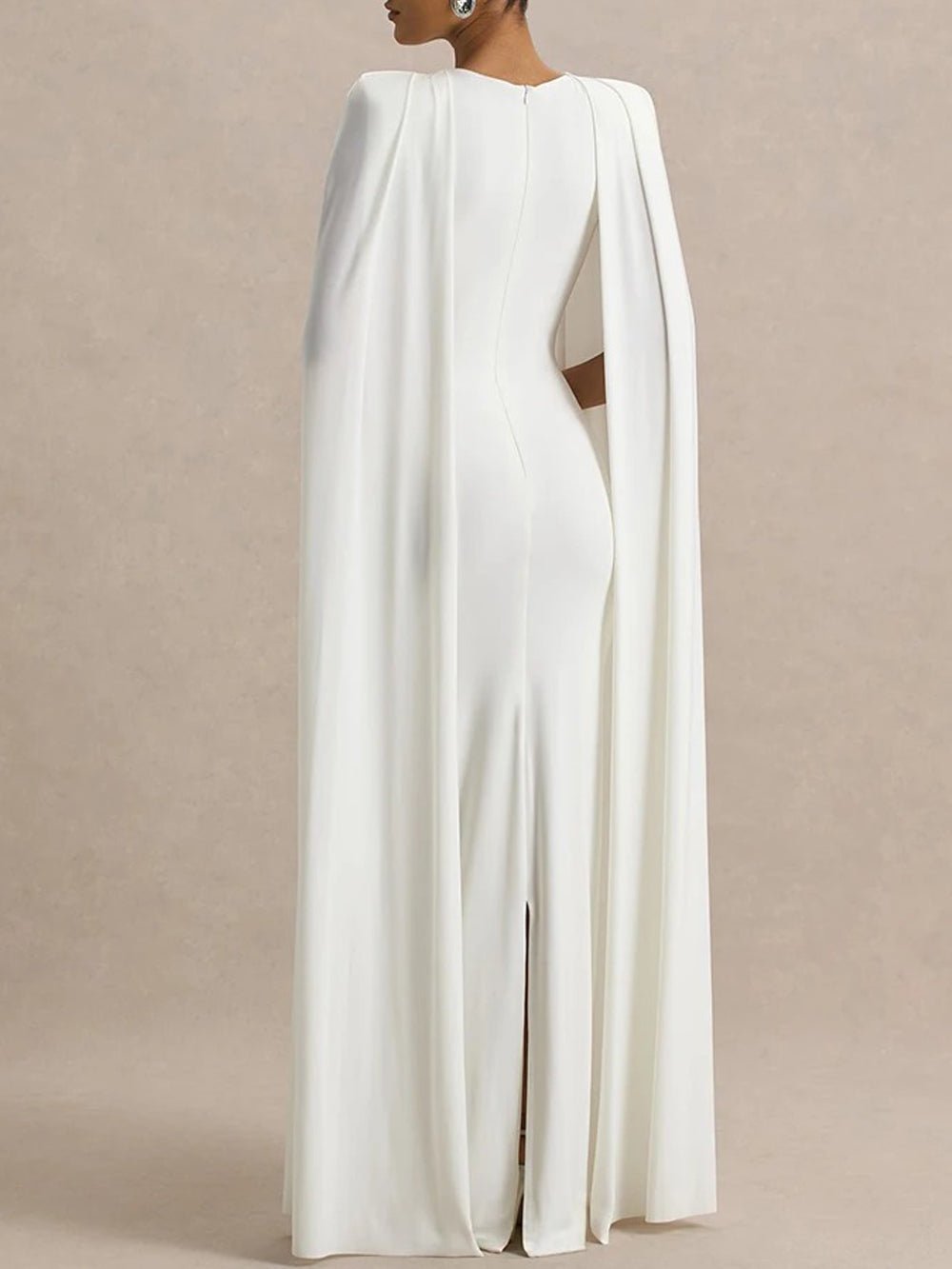 High Neck Padded Shoulder Floor-Length Cape Overlay Column Maxi Gown