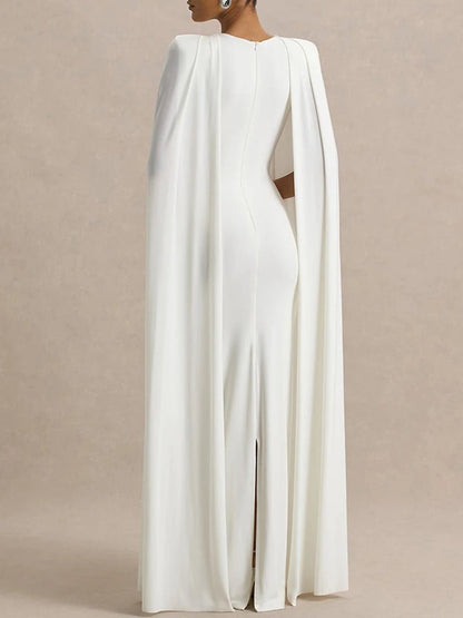 High Neck Padded Shoulder Floor-Length Cape Overlay Column Maxi Gown