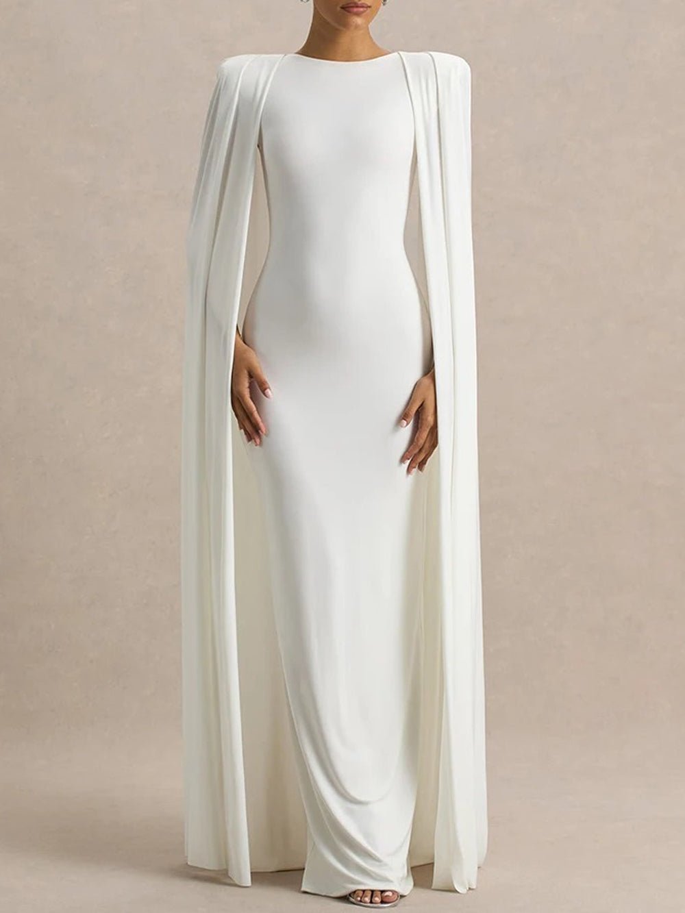 High Neck Padded Shoulder Floor-Length Cape Overlay Column Maxi Gown