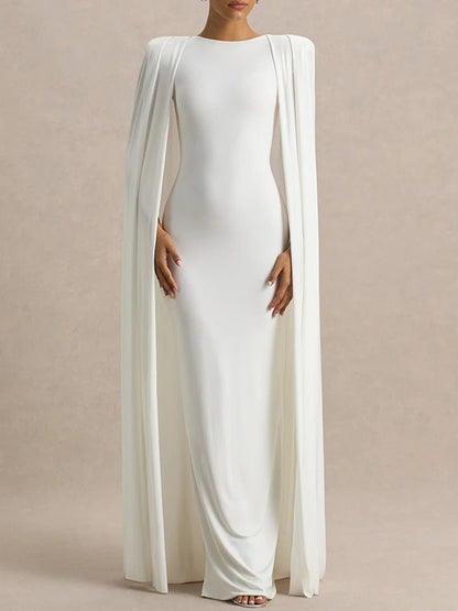 High Neck Padded Shoulder Floor-Length Cape Overlay Column Maxi Gown