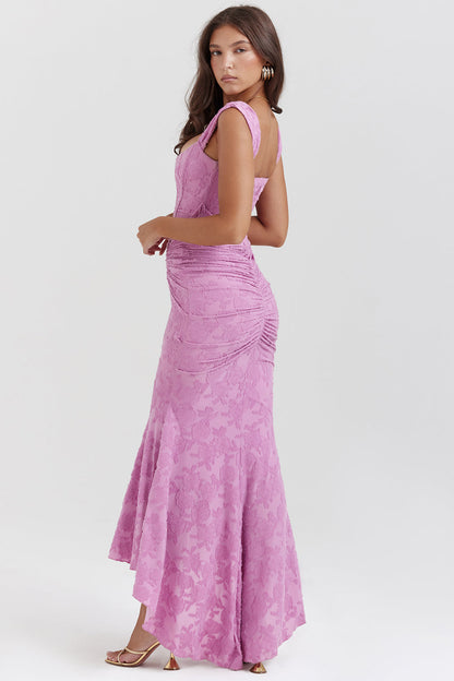 Square Neck Corset Bodice Floral Jacquard Ruched Waist Mermaid Gown