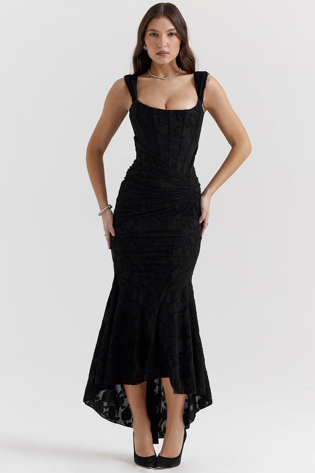 Square Neck Corset Bodice Floral Jacquard Ruched Waist Mermaid Gown