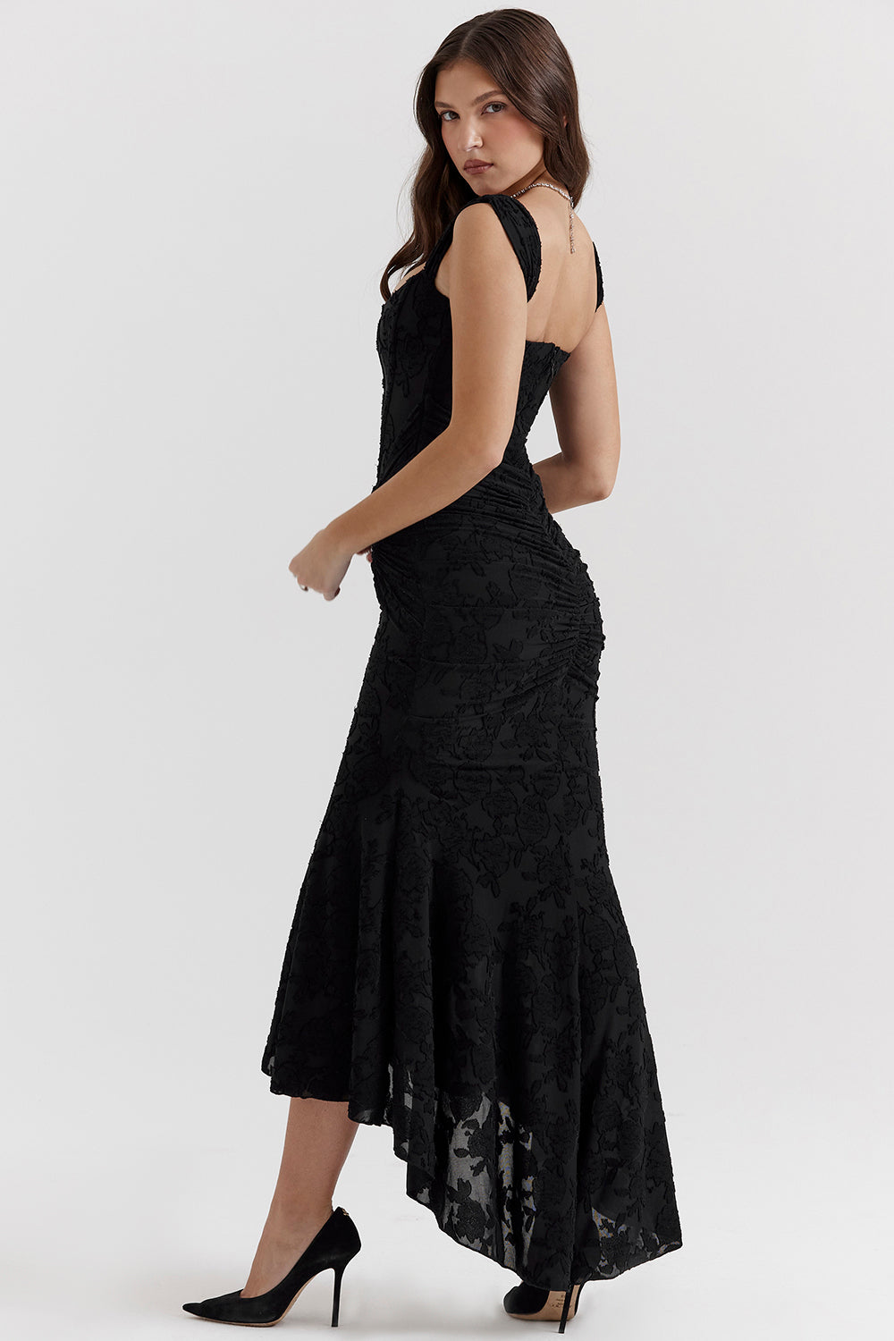 Square Neck Corset Bodice Floral Jacquard Ruched Waist Mermaid Gown