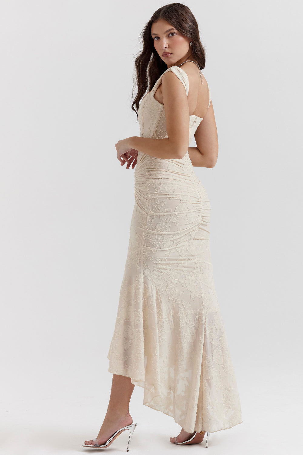 Square Neck Corset Bodice Floral Jacquard Ruched Waist Mermaid Gown