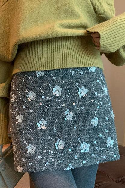 Sequin Embroidered High Waist A-line Fitted Short Skirt