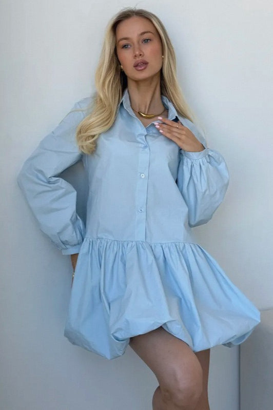 Collared Button Front Puff Sleeve Drop Waist Bubble Hem Mini Shirt Dress