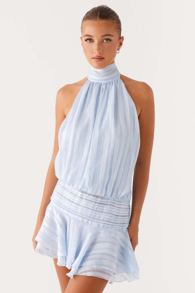 High Neck Halter Smocked Drop Waist Tiered Ruffle Mini Dress
