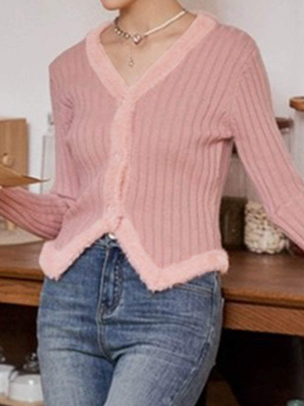 Solid V Neck Fuzzy Trim Slim Ribbed Knit Cardigan