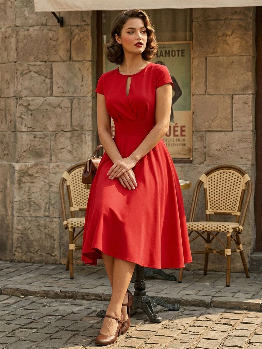 Vintage Glamour Dress 1950s Style Jewel Neck Cut Out Short Sleeves Medium Swing Dress