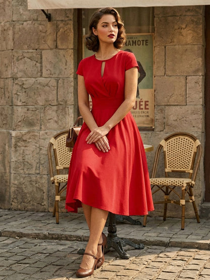 Vintage Glamour Dress 1950s Style Jewel Neck Cut Out Short Sleeves Medium Swing Dress