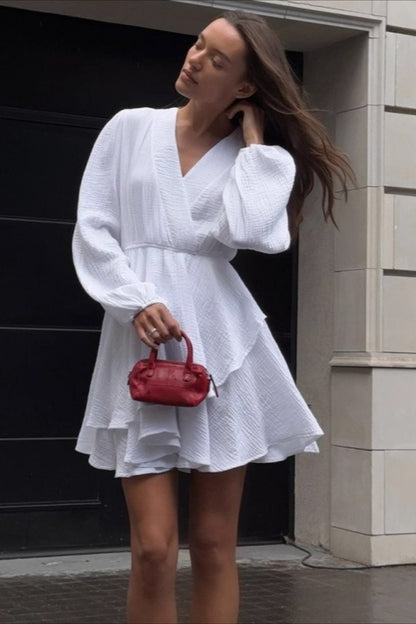 Long Sleeve Blouson Cuff Tiered Ruffle V-Neck Mini Dress