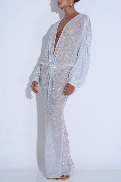 Modern Elegance Sequin Sheer Long Relaxed Sleeve Ruched Drape Maxi Dress