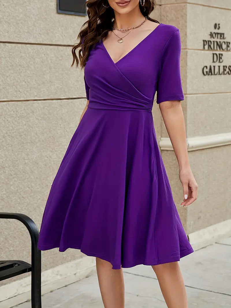 Short Sleeve Surplice V-Neck Fit and Flare Knee-Length Midi Dress