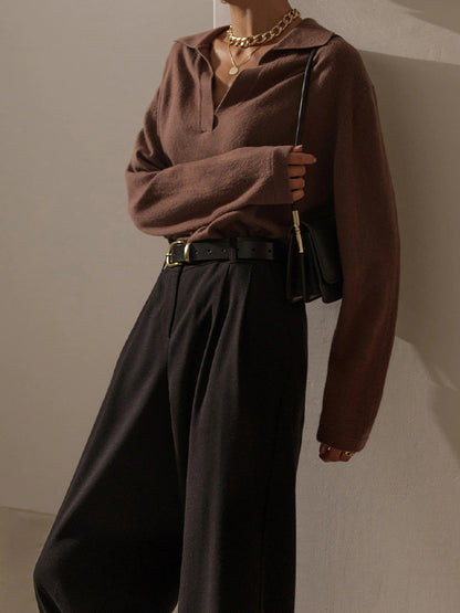Solid Lapel Neck Knit Sweater