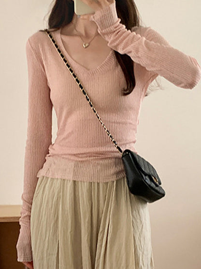Ribbed V Neck Slim Long Sleeve Knit
