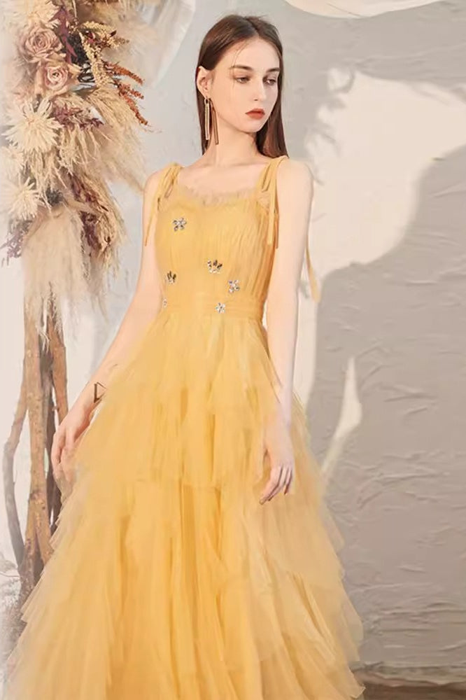 Sweetheart Ruched Bow Strap Tiered Tulle A-Line Maxi Gown
