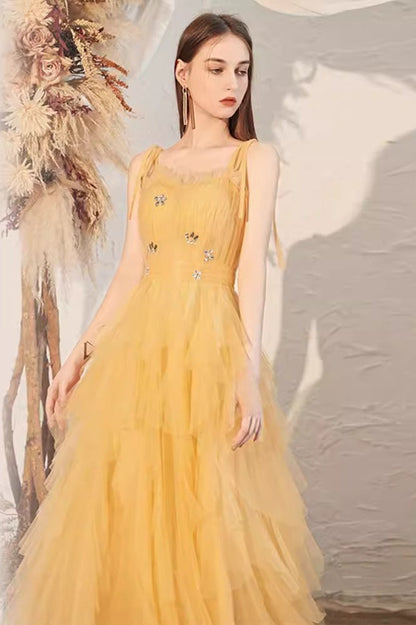 Sweetheart Ruched Bow Strap Tiered Tulle A-Line Maxi Gown