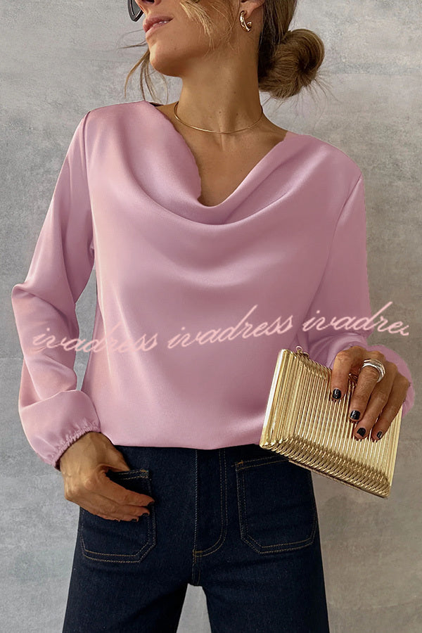 Simple and Beautiful Satin Cowl Drape Neck Long Sleeved Shirt