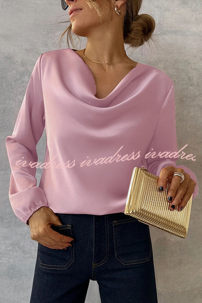 Simple and Beautiful Satin Cowl Drape Neck Long Sleeved Shirt