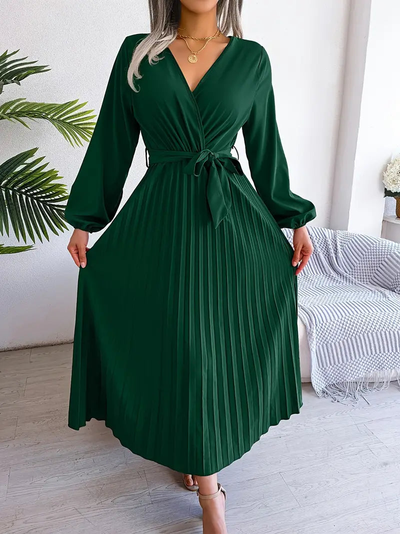 Bishop Sleeve Accordion-Pleated Wrap V-Neck Belted Maxi Dress