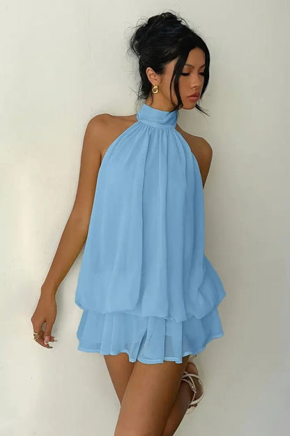 Pleated Halter Neck Tiered Ruffle Chiffon Trapeze Mini Dress