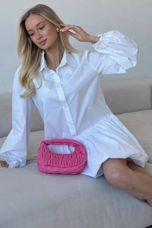 Collared Button Front Puff Sleeve Drop Waist Bubble Hem Mini Shirt Dress