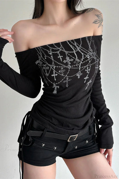Chain Print Off-Shoulder Long Sleeve Tee