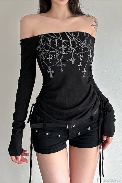 Chain Print Off-Shoulder Long Sleeve Tee