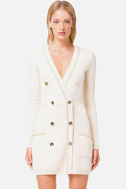 Chain Trim Deep V-Neck Double Breasted Patch Pocket Knit Mini Sweater Dress