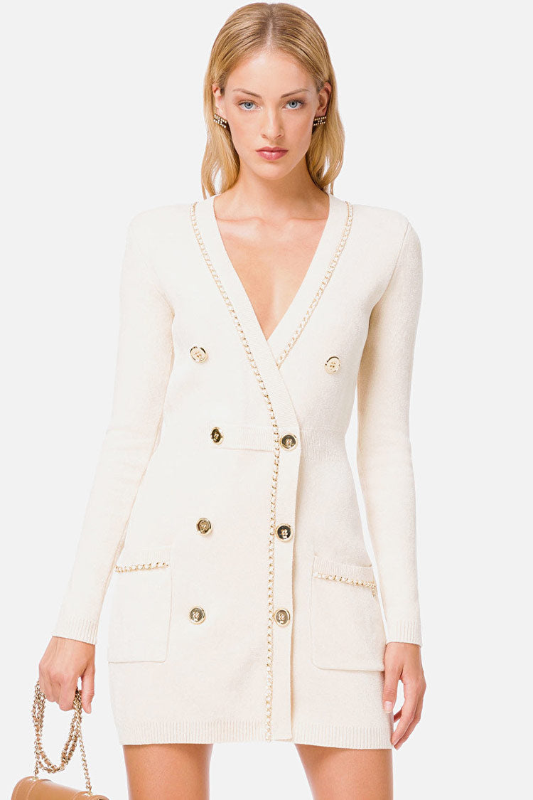 Chain Trim Deep V-Neck Double Breasted Patch Pocket Knit Mini Sweater Dress