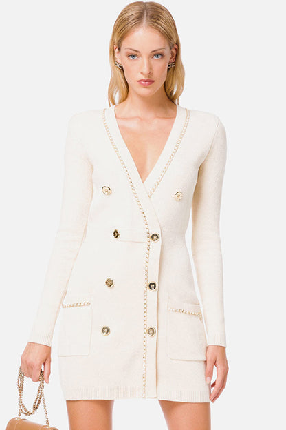 Chain Trim Deep V-Neck Double Breasted Patch Pocket Knit Mini Sweater Dress