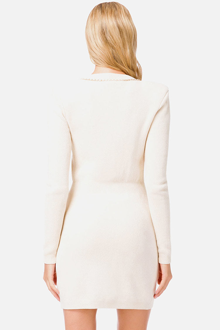 Chain Trim Deep V-Neck Double Breasted Patch Pocket Knit Mini Sweater Dress