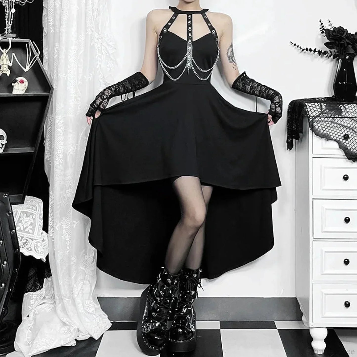Chains Ornament Halter Swing Midi Dress